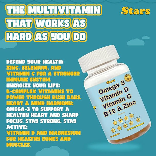 Parents & Kids Bundle: Stars Multivitamin Gummies for Adults & Kids with Omega 3