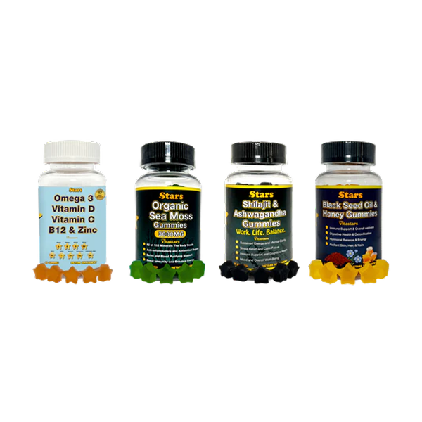 Total Body Wellness Bundle | Black Seed Oil, Sea Moss, Shilajit & Multivitamin Gummies | Plant-Based 4-Pack