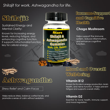 Stars Work. Life. Balance. Shilajit & Ashwagandha Gummies + Chaga Mushroom Vitamin D2 & B12