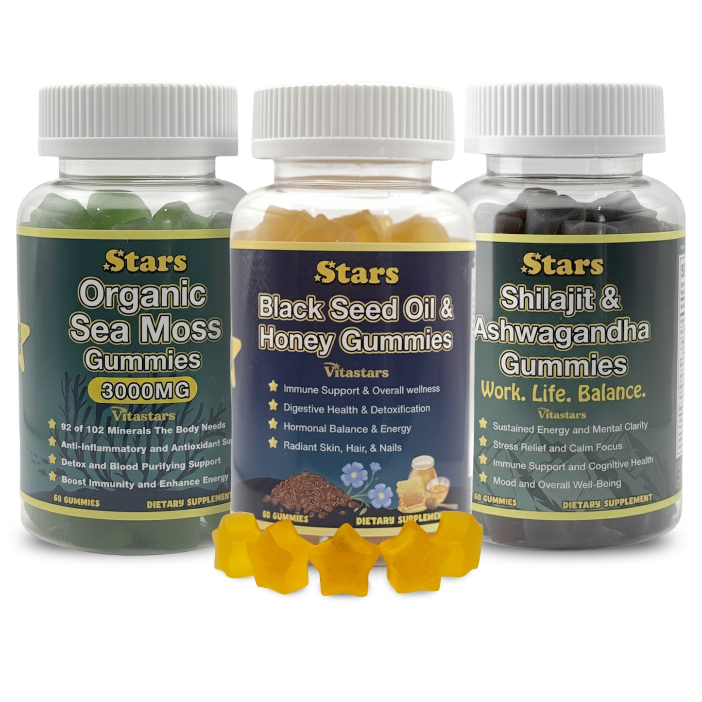 Beauty, Wellness, & Clarity Pack: Black Seed Oil, Sea Moss, Shilajit & Ashwagandha Gummies for Digestive Health, Energy, and Skin Care, Antioxidant & Immune Boost for Men & Women, 3-Pack