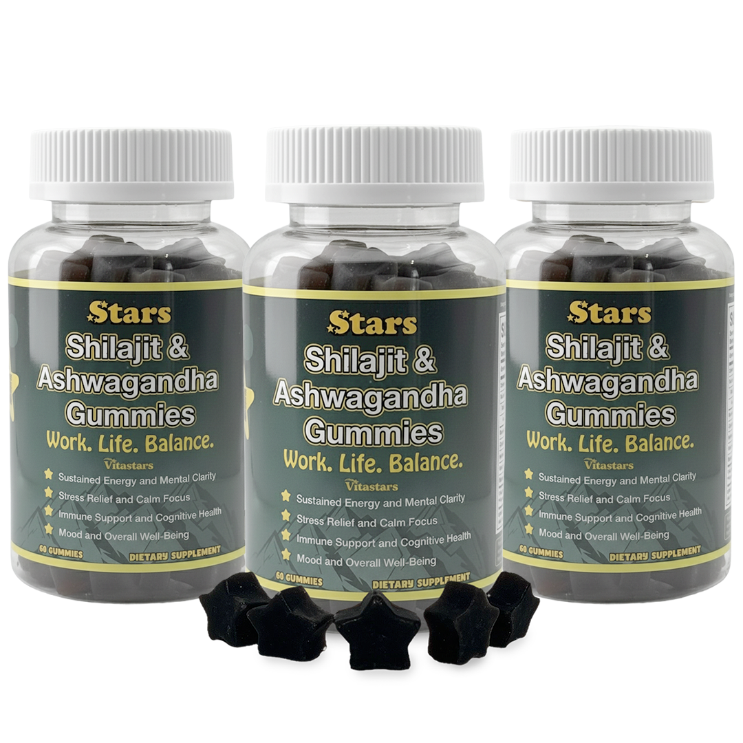 Stars Work. Life. Balance. Shilajit & Ashwagandha Gummies + Chaga Mushroom Vitamin D2 & B12