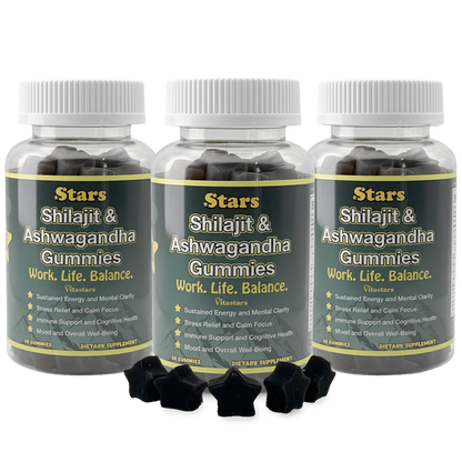 Stars Work. Life. Balance. Shilajit & Ashwagandha Gummies + Chaga Mushroom Vitamin D2 & B12