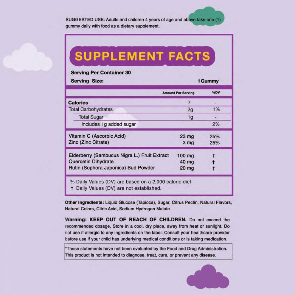 Ingredient list for Immunity Stars Elderberry Gummies with Vitamin C and Zinc, Sambucus Elderberry Family Immune Boost Gummies, 30 Gummies Delicious Defense for Kids and Adults