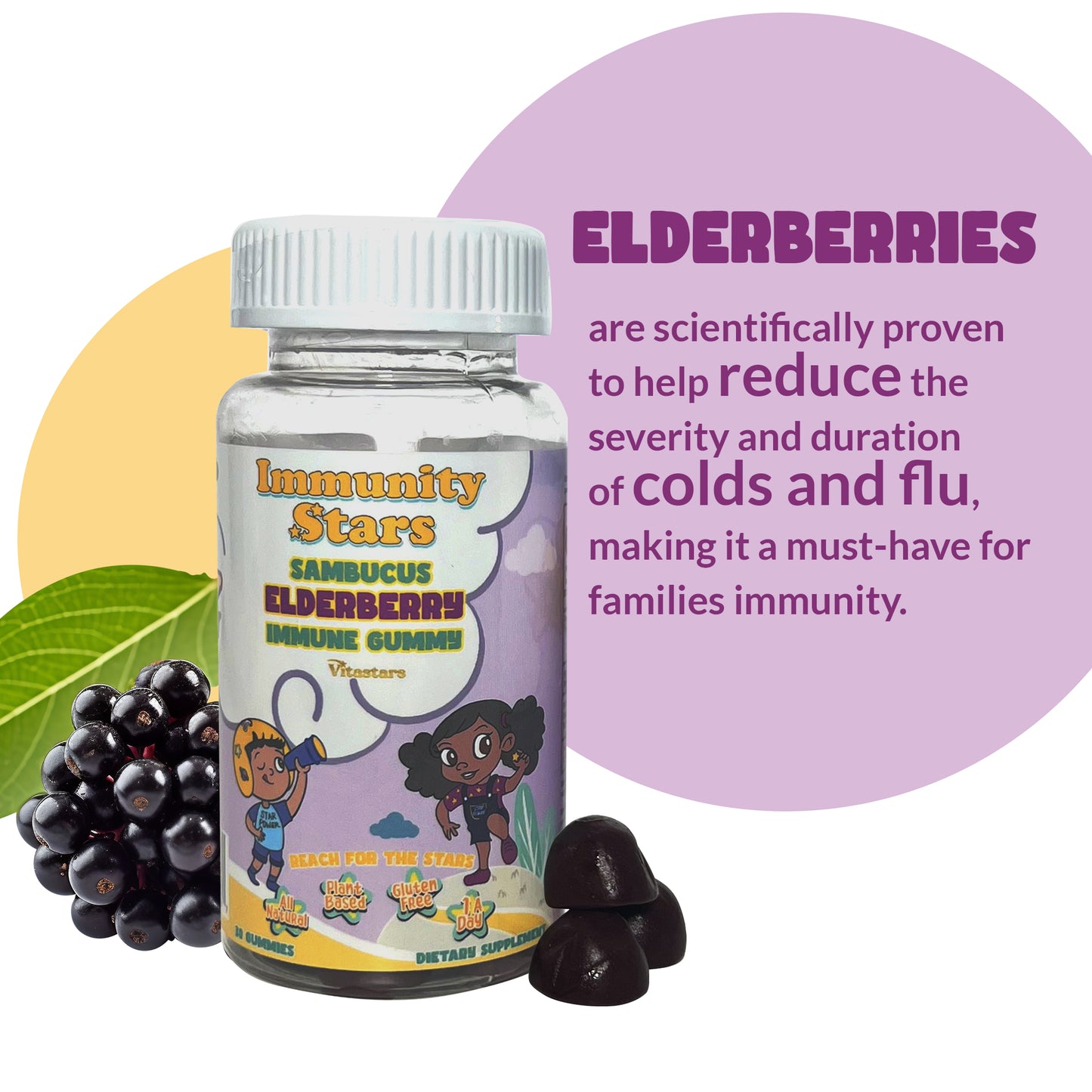 Immuntiy Stars Elderberry Gummies with Vitamin C and Zinc, Sambucus Elderberry Family Immune Boost Gummies, 30 Gummies Delicious Defense for Kids and Adults