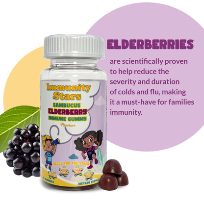 Immuntiy Stars Elderberry Gummies with Vitamin C and Zinc, Sambucus Elderberry Family Immune Boost Gummies, 30 Gummies Delicious Defense for Kids and Adults