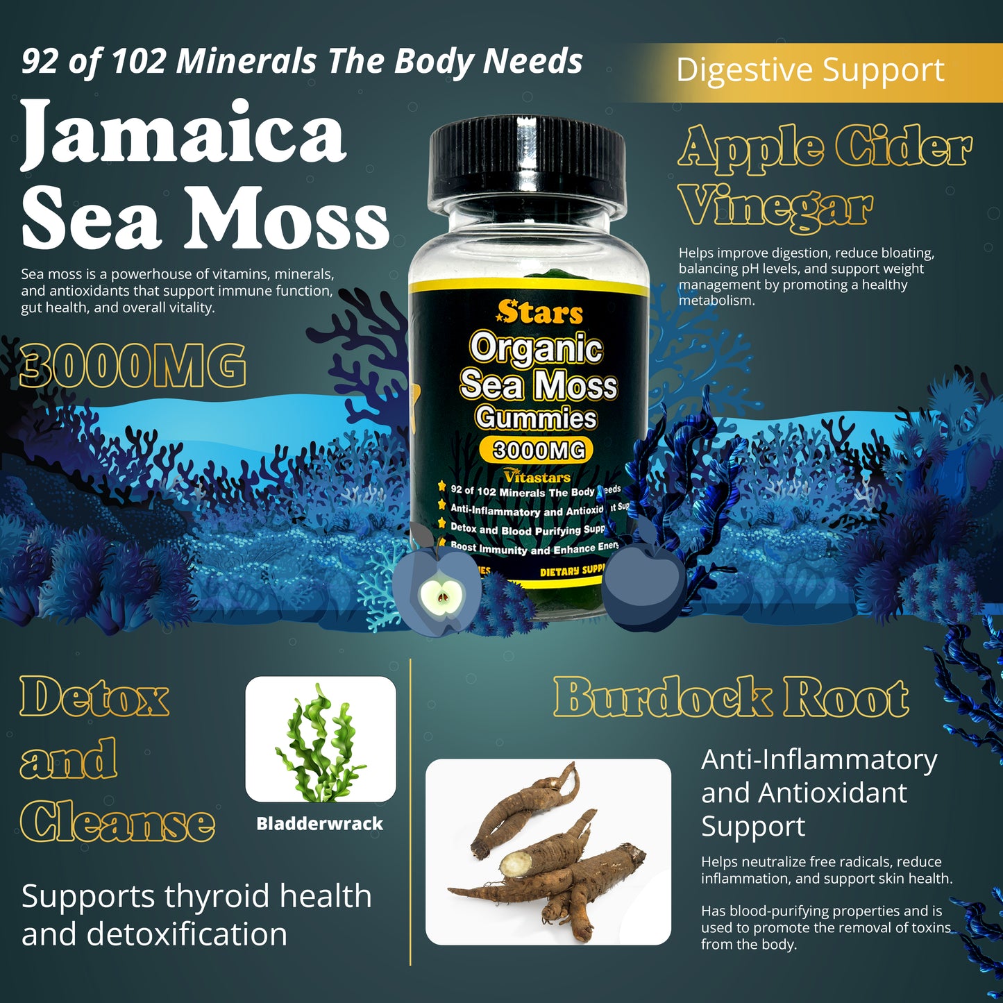 Stars Organic Sea Moss Gummies + Bladderwrack Burdock Root & Apple Cider Vinegar