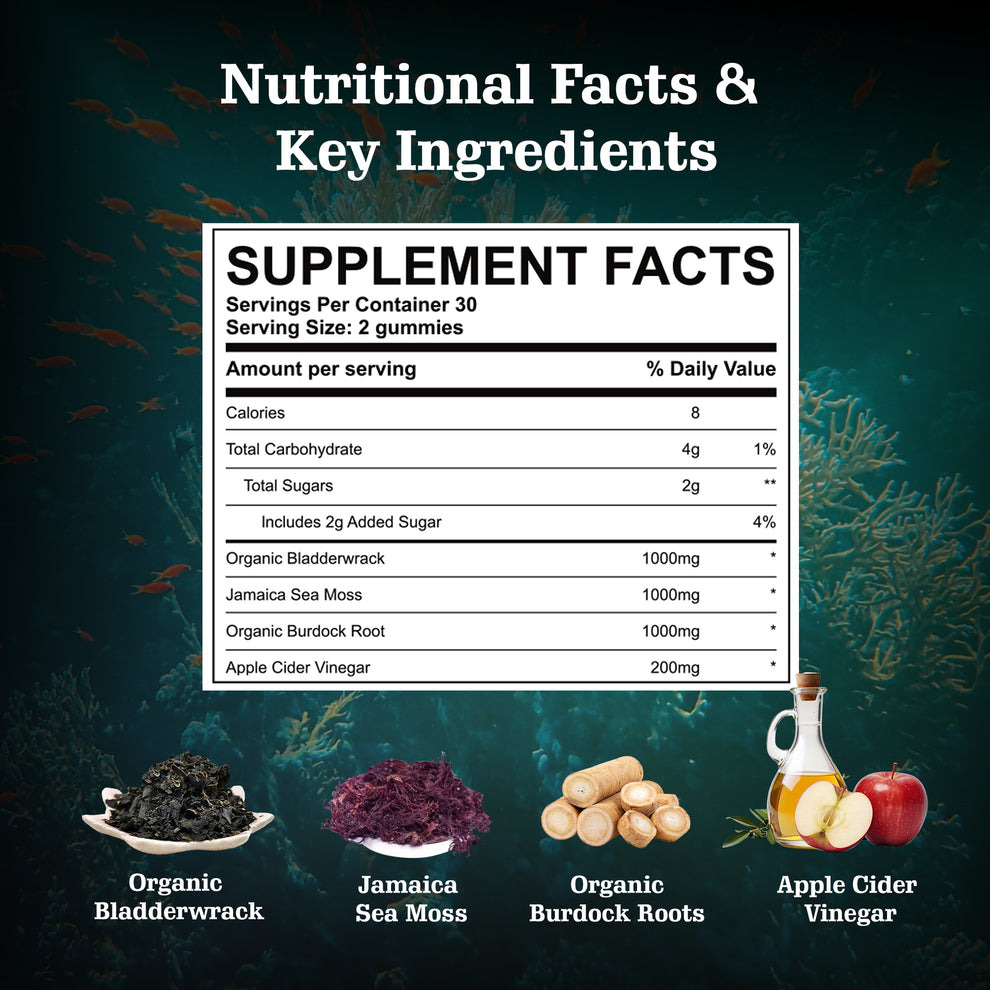 Nutrition facts for Stars Organic Sea Moss Gummies + Bladderwrack Burdock Root & Apple Cider Vinegar