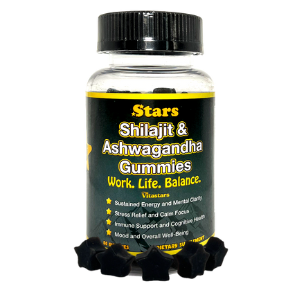 Stars Work. Life. Balance. Shilajit & Ashwagandha Gummies + Chaga Mushroom Vitamin D2 & B12