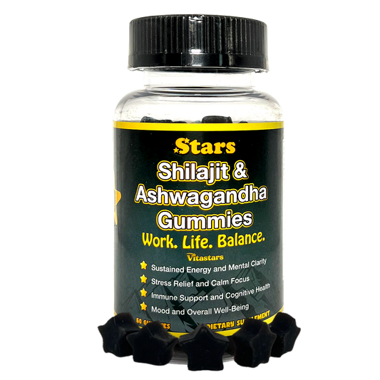 Stars Work. Life. Balance. Shilajit & Ashwagandha Gummies + Chaga Mushroom Vitamin D2 & B12