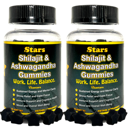 Stars Work. Life. Balance. Shilajit & Ashwagandha Gummies + Chaga Mushroom Vitamin D2 & B12