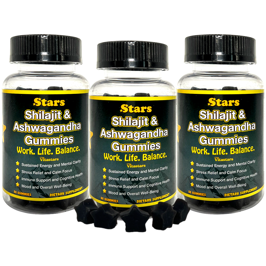 Stars Work. Life. Balance. Shilajit & Ashwagandha Gummies + Chaga Mushroom Vitamin D2 & B12