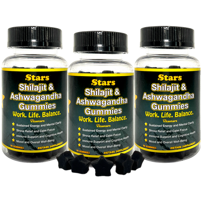 Stars Work. Life. Balance. Shilajit & Ashwagandha Gummies + Chaga Mushroom Vitamin D2 & B12