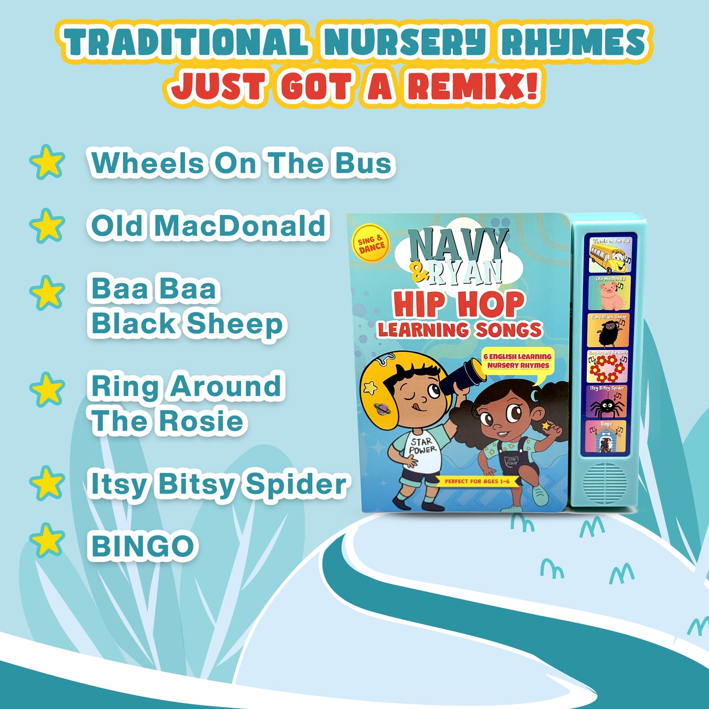 Hip Hop Nursery Rhyme Sound Book for Toddlers by Navy & Ryan – Bilingual English & Spanish Learning | Interactive Press & Play Musical Book | Teaches First Words, Rhythm, & Early Language Development (Ages 1-6)