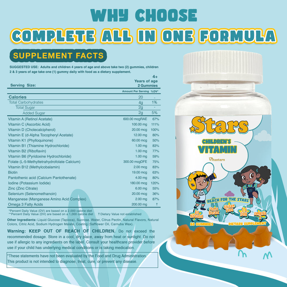 Nutrition facts for VitaStars Kids Growth & Gut Health Bundle – Daily Multivitamin Gummies + Prebiotic and Probiotic Gummies –  Gluten Free Vegan, 2 Pack