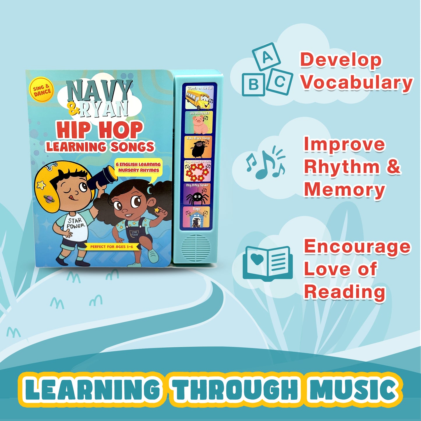 Hip Hop Nursery Rhyme Sound Book for Toddlers by Navy & Ryan – Bilingual English & Spanish Learning | Interactive Press & Play Musical Book | Teaches First Words, Rhythm, & Early Language Development (Ages 1-6)