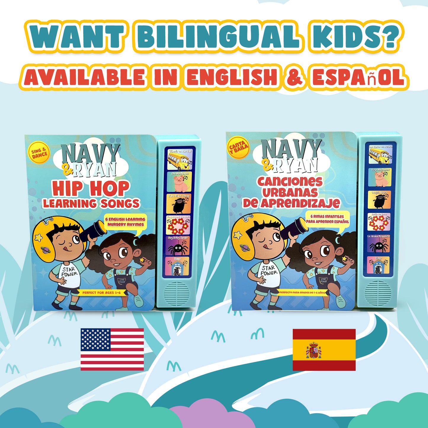 Hip Hop Nursery Rhyme Sound Book for Toddlers by Navy & Ryan – Bilingual English & Spanish Learning | Interactive Press & Play Musical Book | Teaches First Words, Rhythm, & Early Language Development (Ages 1-6)