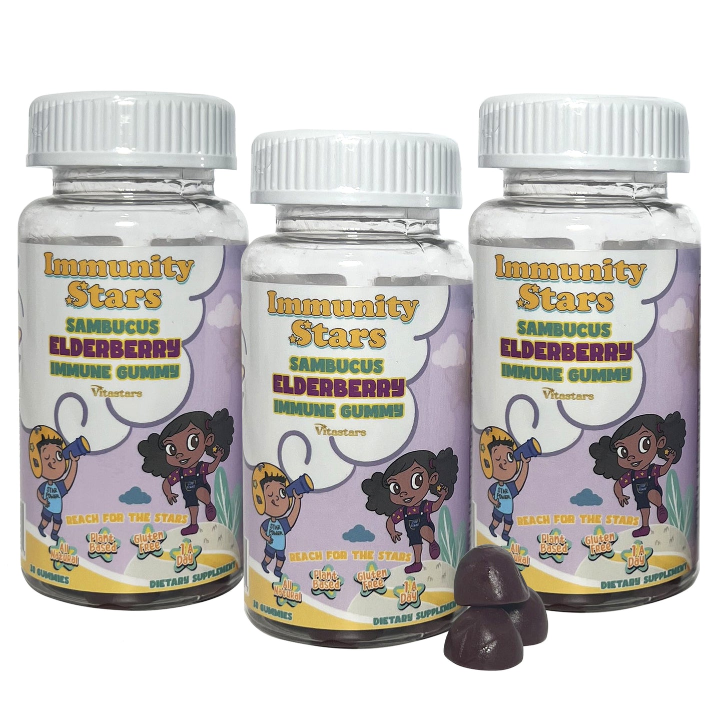 Immuntiy Stars Elderberry Gummies with Vitamin C and Zinc, Sambucus Elderberry Family Immune Boost Gummies, 30 Gummies Delicious Defense for Kids and Adults